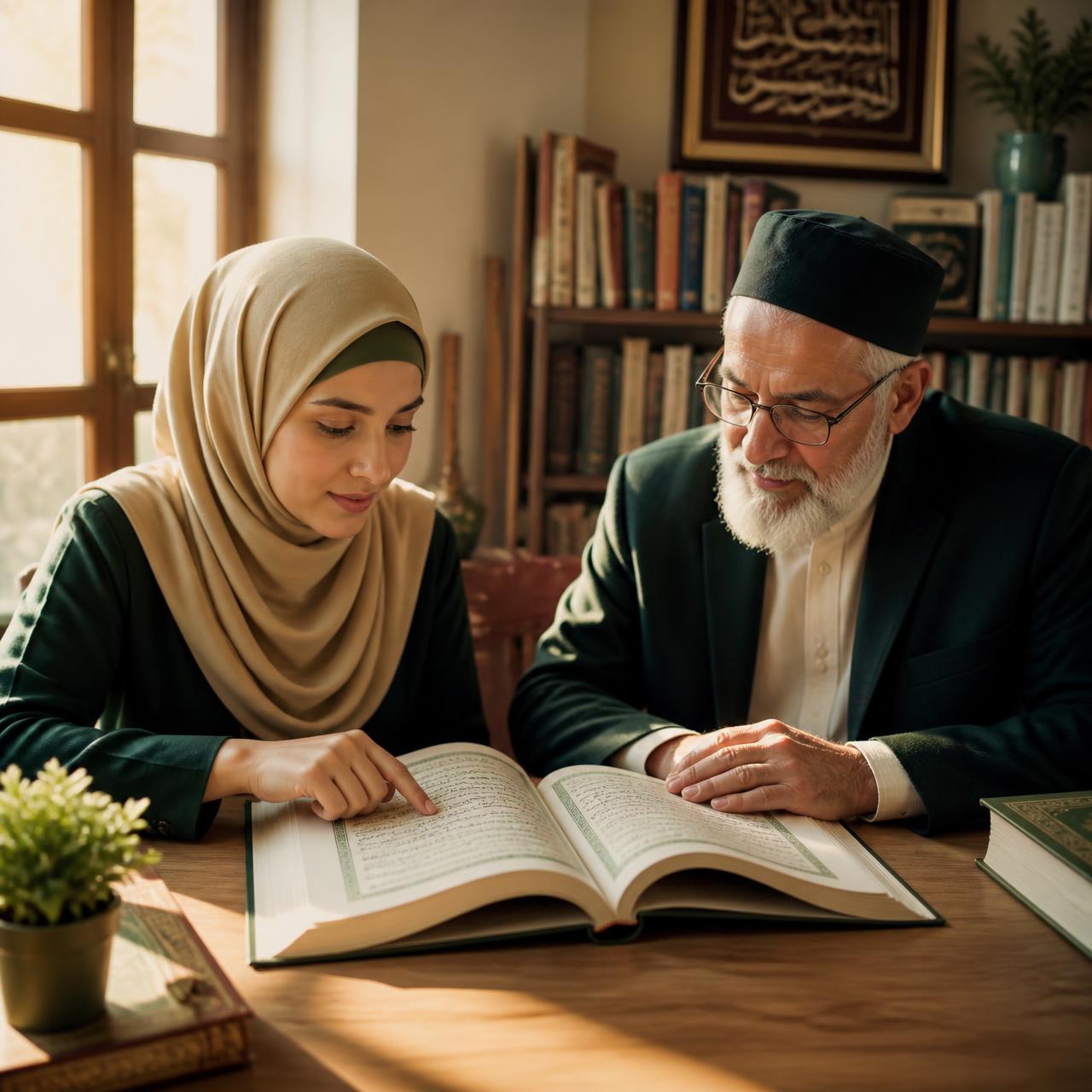 معلم وطالبة يقرآن القرآن الكريم في مكتبة حديثة